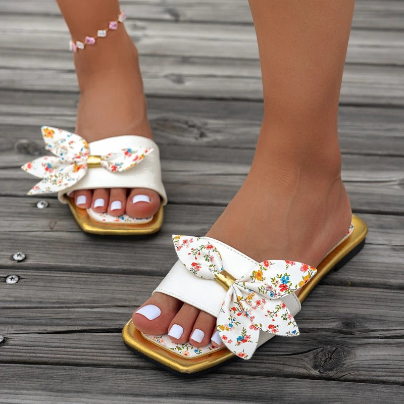 Sandales Plates Nœud Papillon Imprimé Floral Femme 2026 — Style Frais Tendance Été