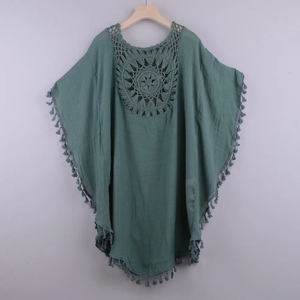 Tunique Cover-Up Plage Tricot Ajourné à Franges — Motif Tournesol Grande Taille Femme