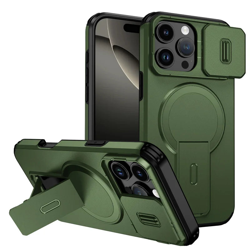 Coque MagSafe iPhone — Protection Objectif Coulissante, Support Intégré, Charge Sans Fil