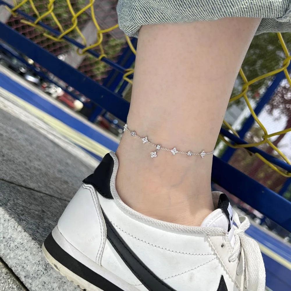 Bracelet de Cheville Trèfle Porte-Bonheur Argent 925 Zircon Femme — Bijou Pied Été