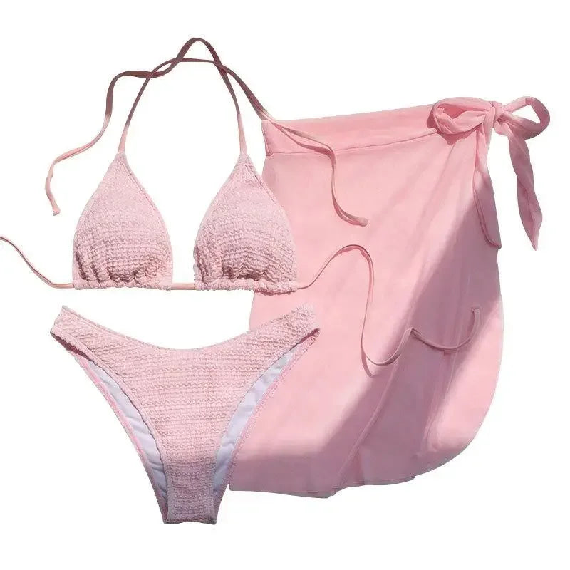 Bikini 3 Pièces Rose Col V Halter — Maillot de Bain Femme Plage