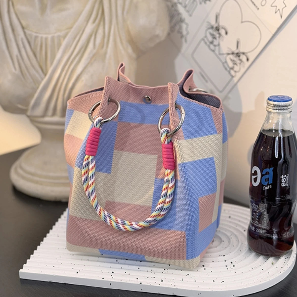 Sac Seau Tricoté Color Block Rétro Multicolore — Sac À Main Femme Tendance