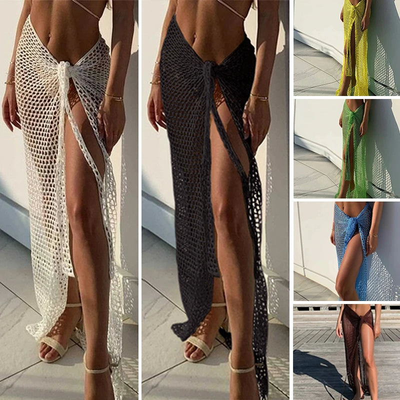 Paréo Cover-Up Femme Crochet Ajourné — Jupe Portefeuille Plage Couleur Unie