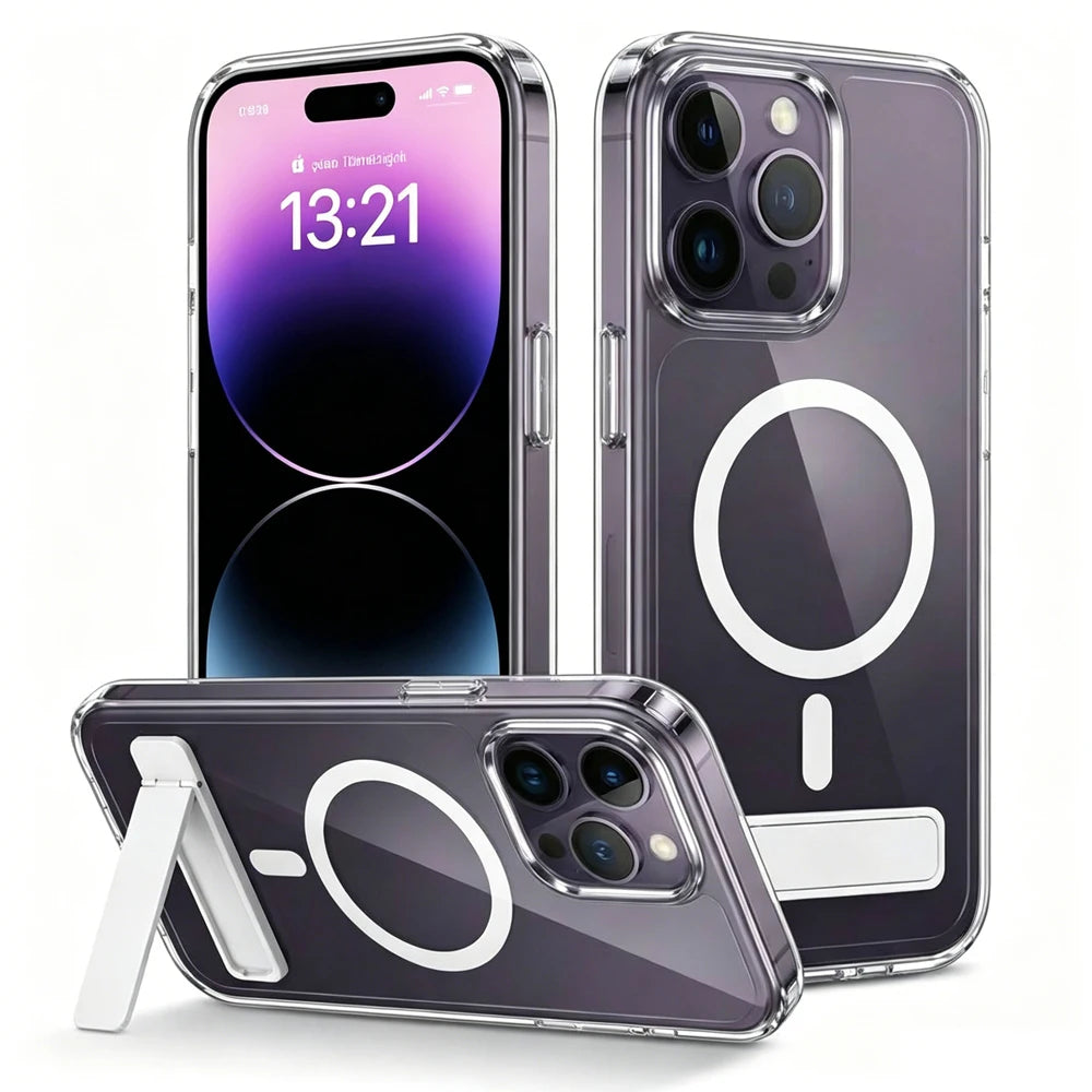 Coque Transparente Magnétique avec Support Pliable — Anti-Jaunissement Slim iPhone 11 à 17 Pro Max