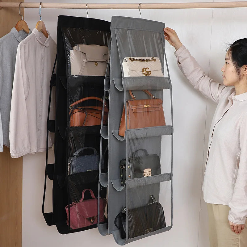 Organiseur Suspendu pour Sacs à Main – 6 ou 8 Pochettes Transparentes, Pliable