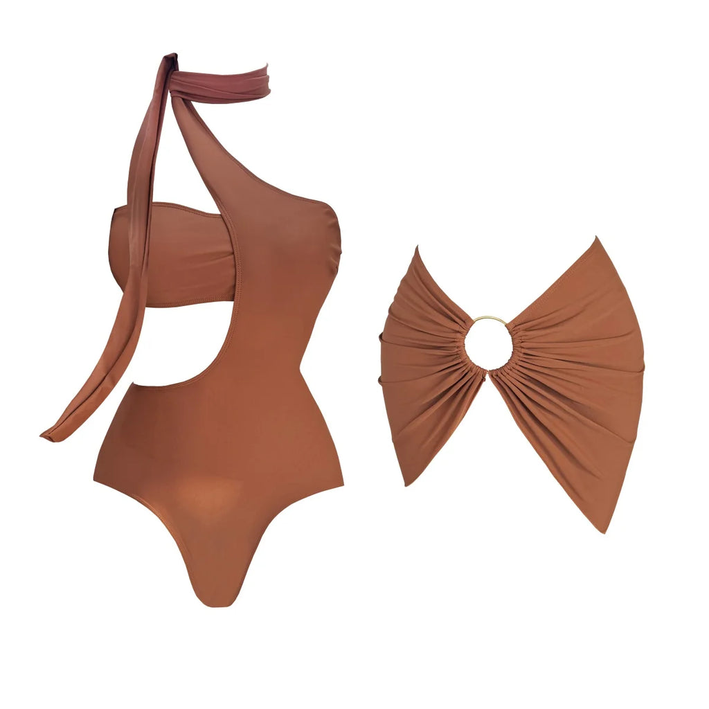 Maillot de Bain Deep V avec Jupe Longue — Ensemble 2 Pièces Femme