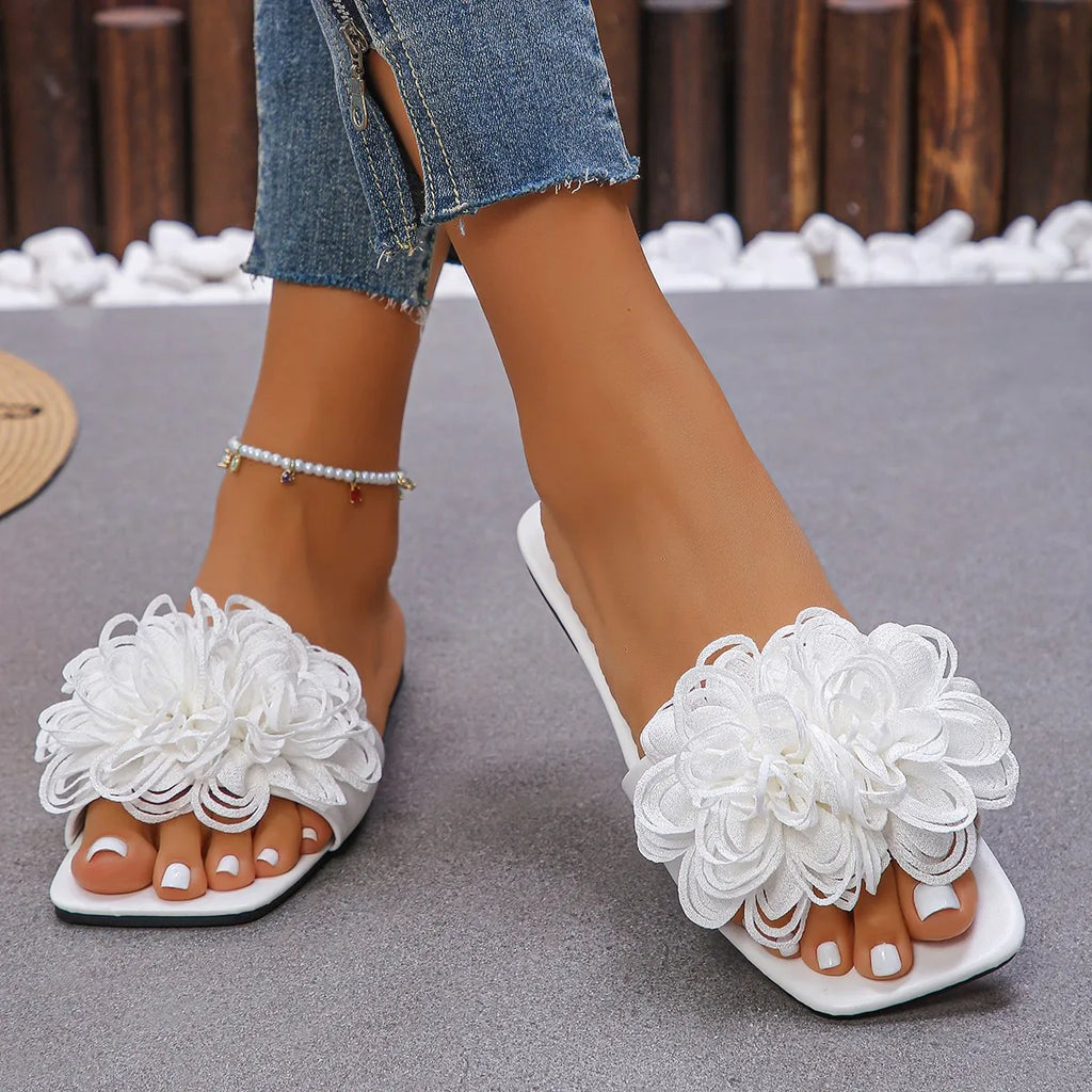 Mules Fleurs Bout Carré Femme – Sandales Plates Confortables Grande Taille