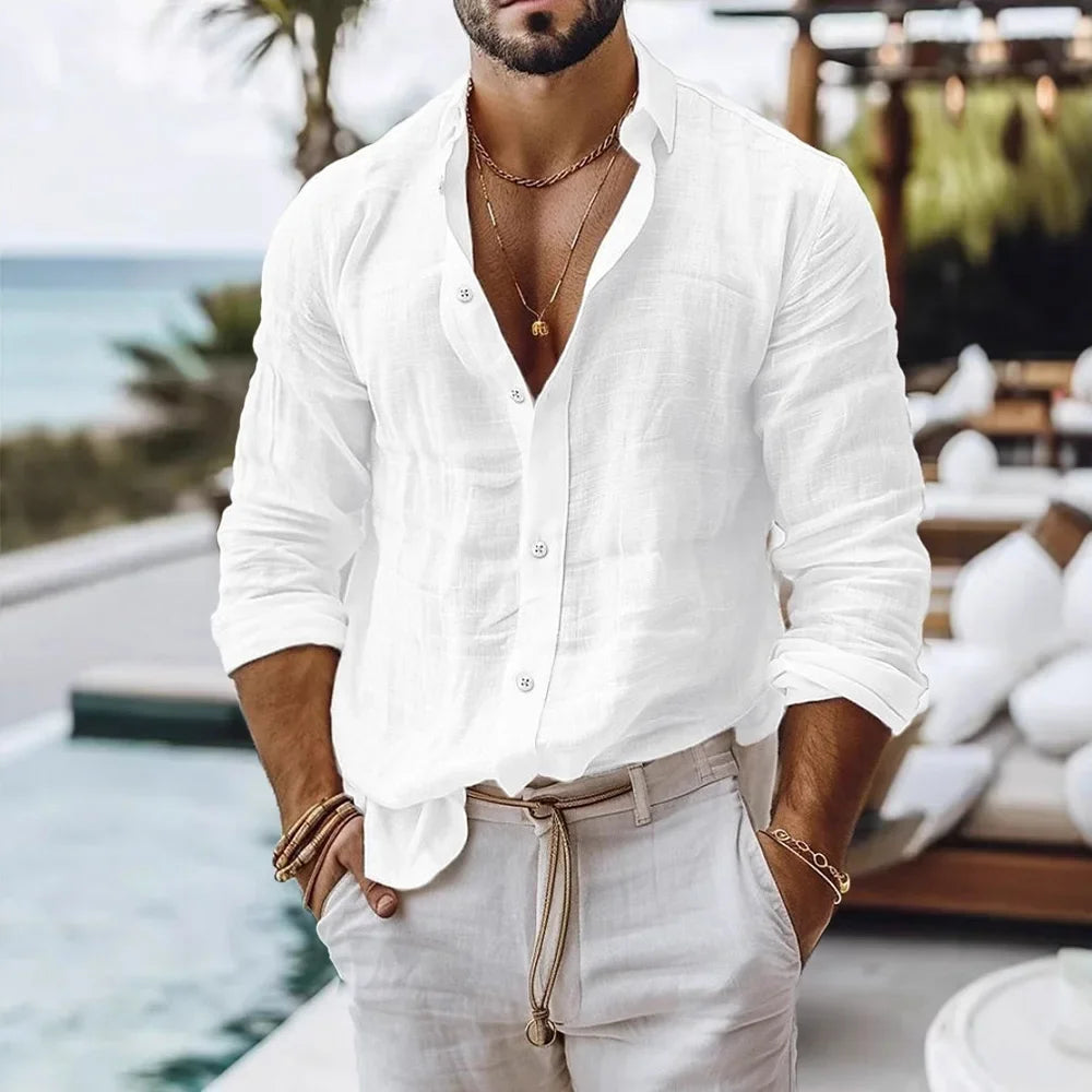 Chemise Homme Coton Lin — Style Plage Été