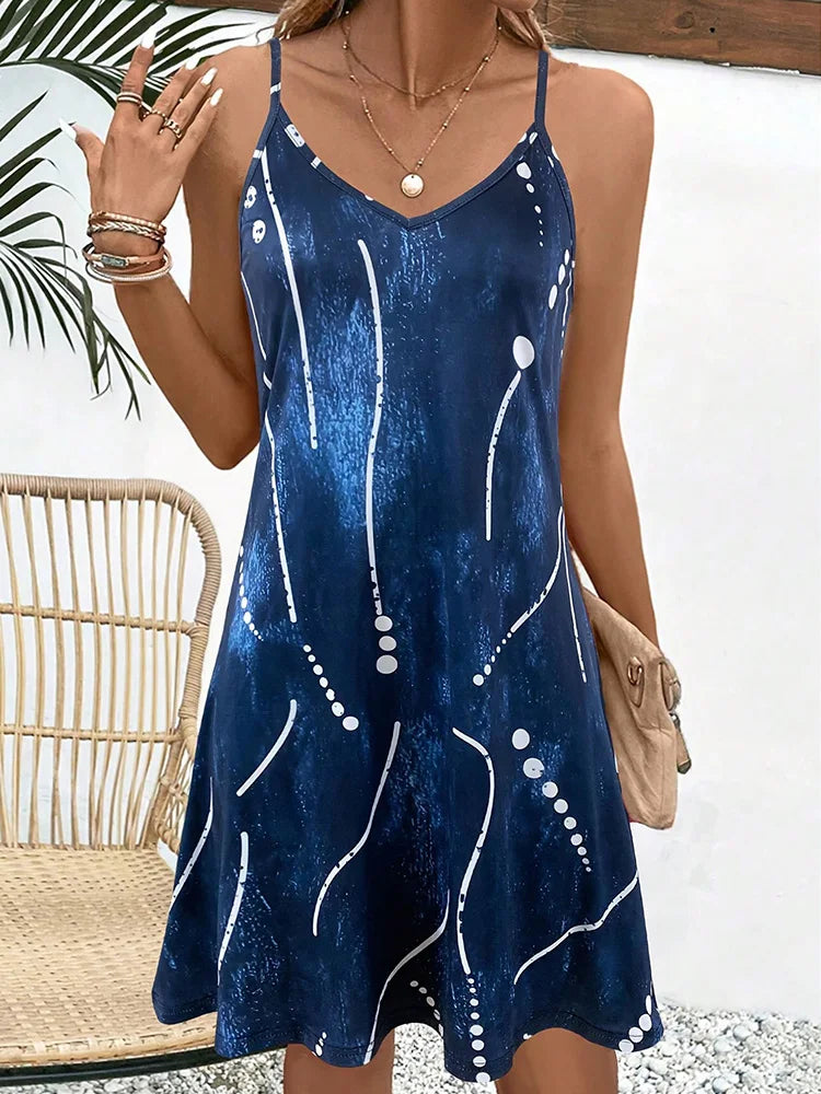 Robe Été Imprimé Abstrait Bleu — Robe Fluide Bretelles Femme Vacances