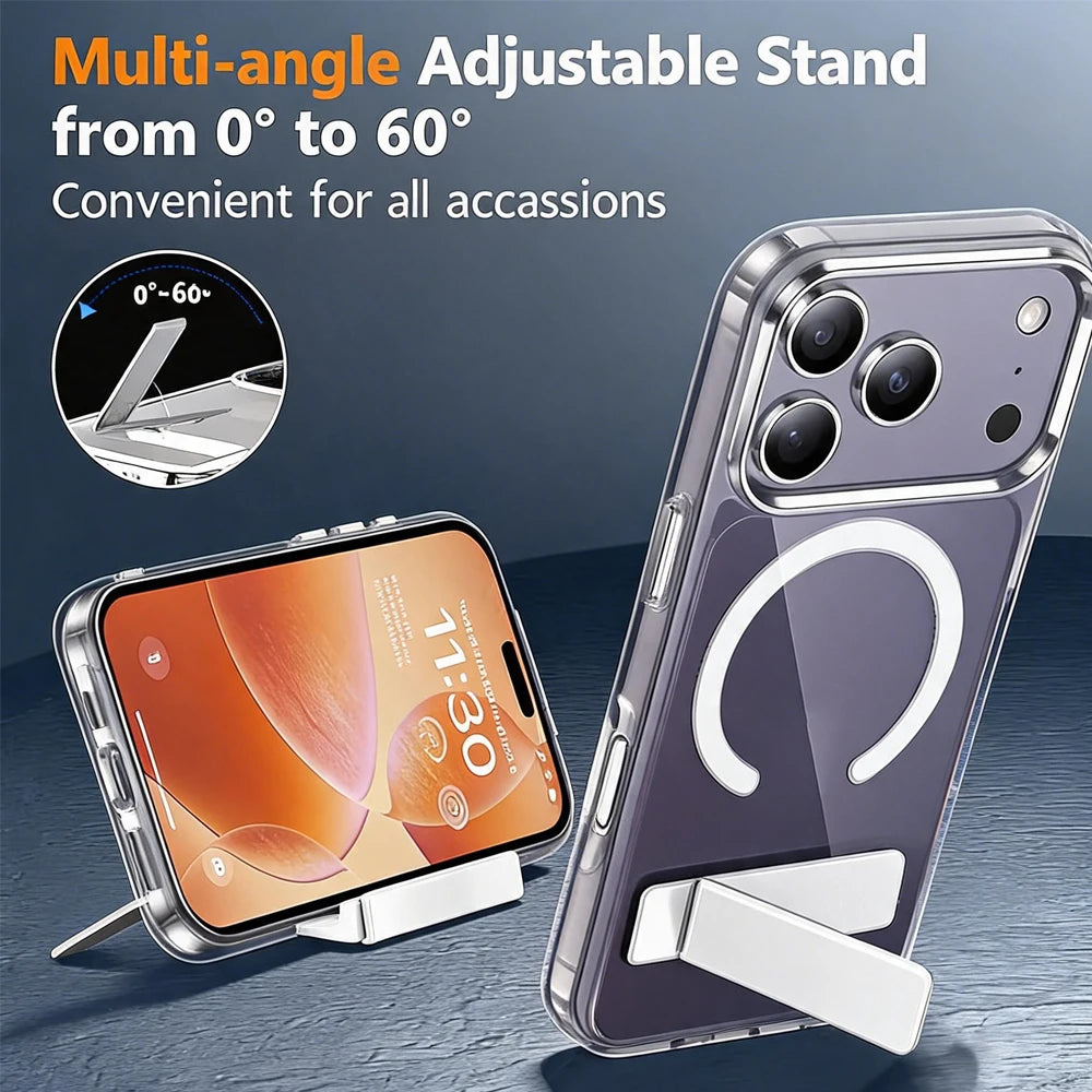 Coque Transparente Magnétique avec Support Pliable — Anti-Jaunissement Slim iPhone 11 à 17 Pro Max