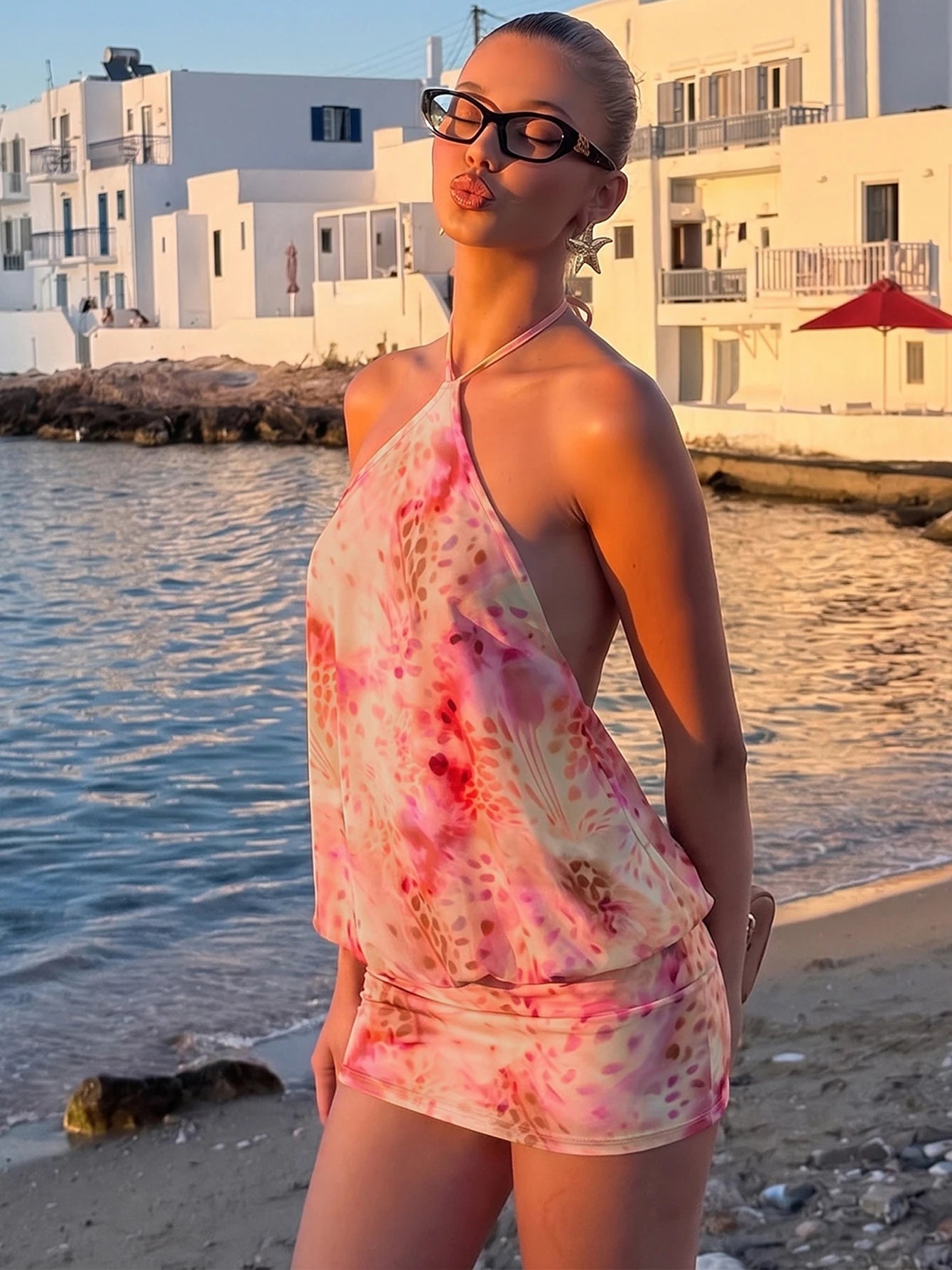 Robe Mini Halter Imprimé Dos Nu Lacets — Robe Slim Soirée Femme