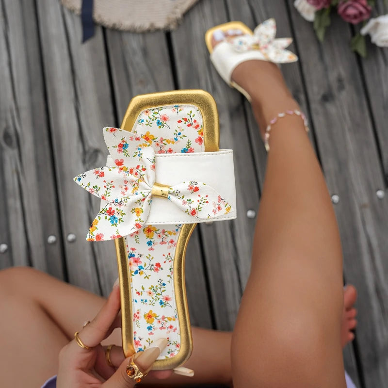 Sandales Plates Nœud Papillon Imprimé Floral Femme 2026 — Style Frais Tendance Été