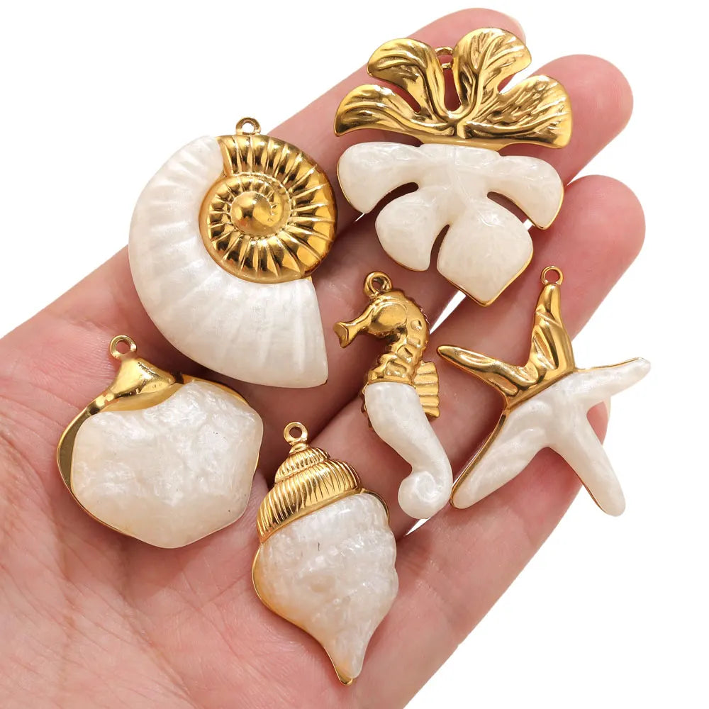 Lot 2 Breloques Coquillage & Étoile de Mer Acier Inoxydable — Pendentifs Bijoux Plage Fait Main