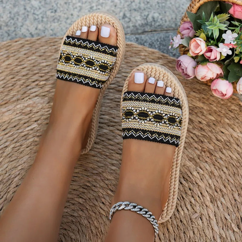 Mules Bohème Femme Été — Sandales À Franges Style Ethnique Plage