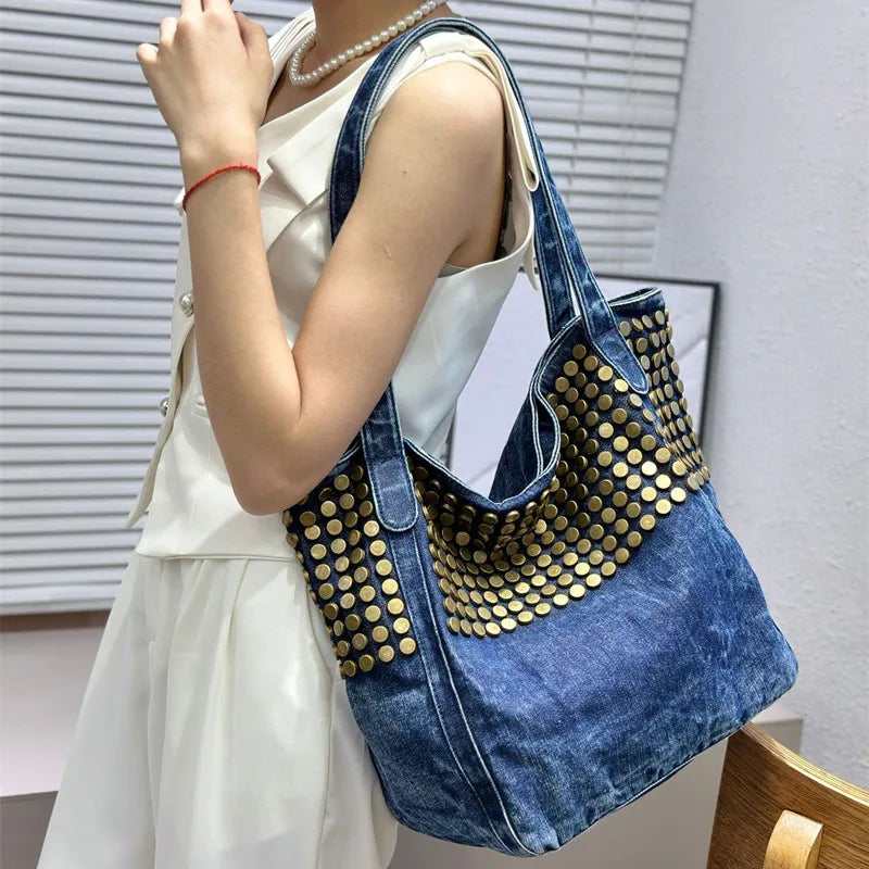 Sac Tote Denim Rivets Punk Grande Capacité — Sac À Main Femme Casual