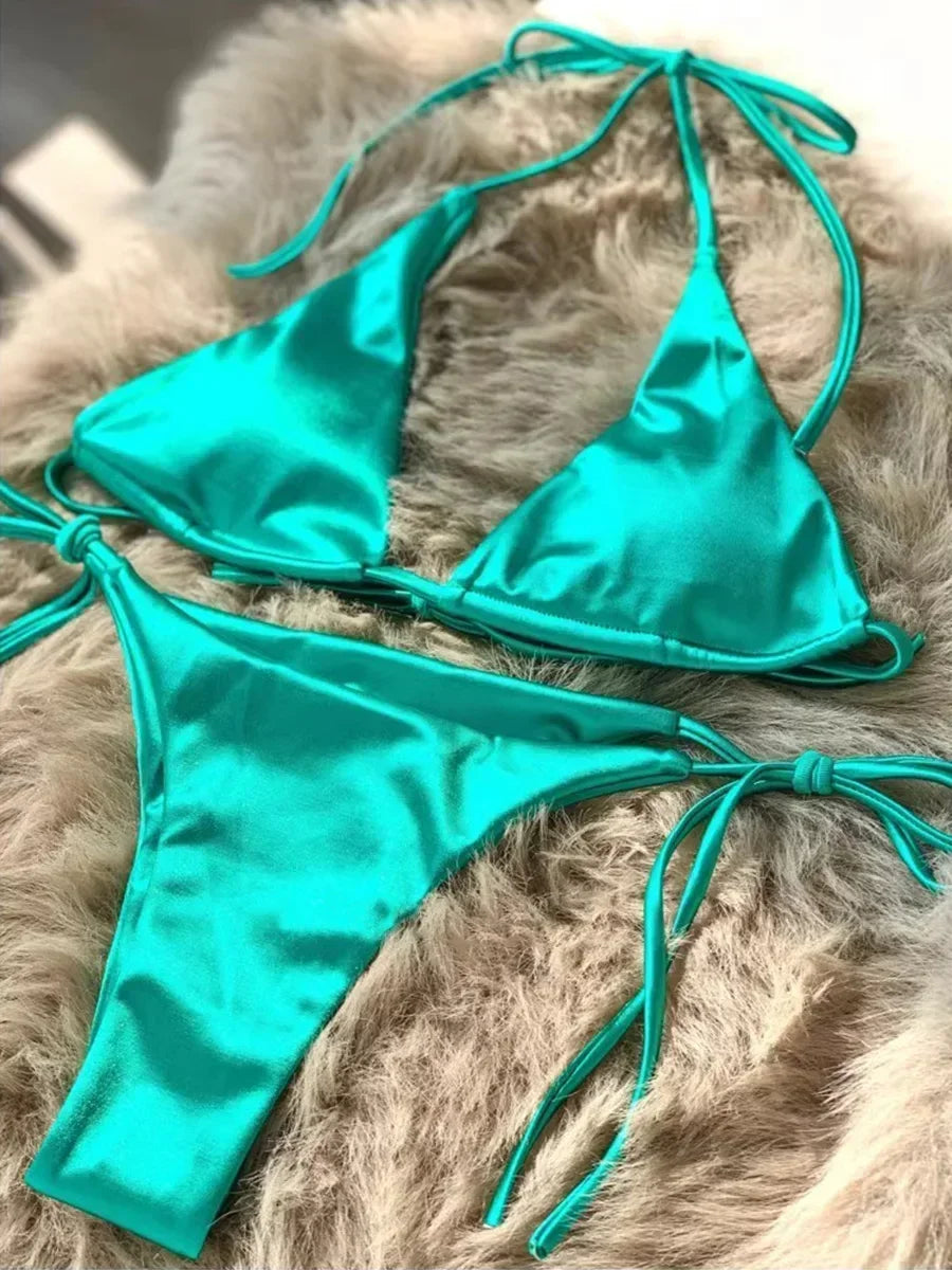 Bikini Satin Métallisé Halter — Deux Pièces Femme
